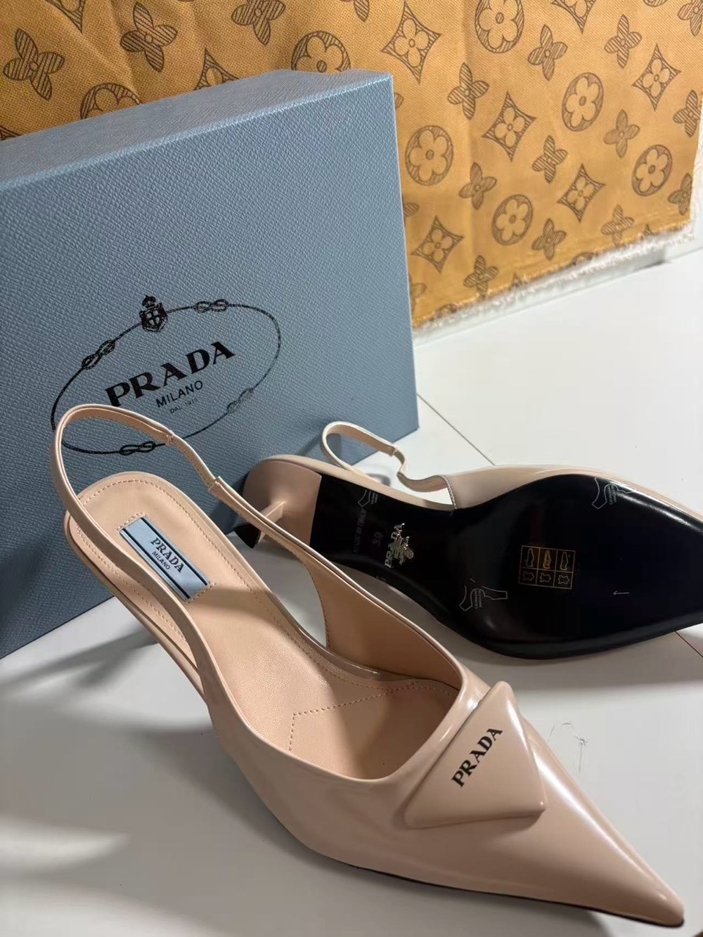 Prada Nude Blush Patent Slingback Pointed-Toe Pumps